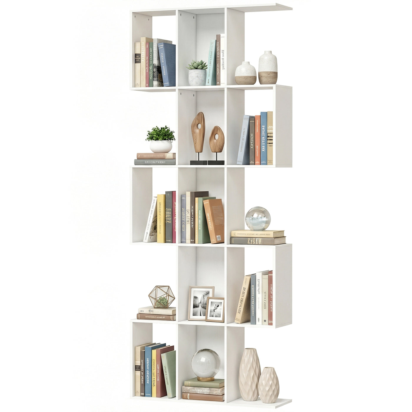 5-Tier Bookshelf, S Shaped Geometric Bookcase with 15 Compartments, White Wood Grain