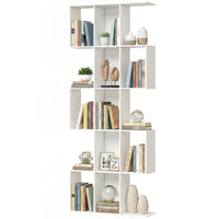 5-Tier Bookshelf, S Shaped Geometric Bookcase with 15 Compartments, White Wood Grain