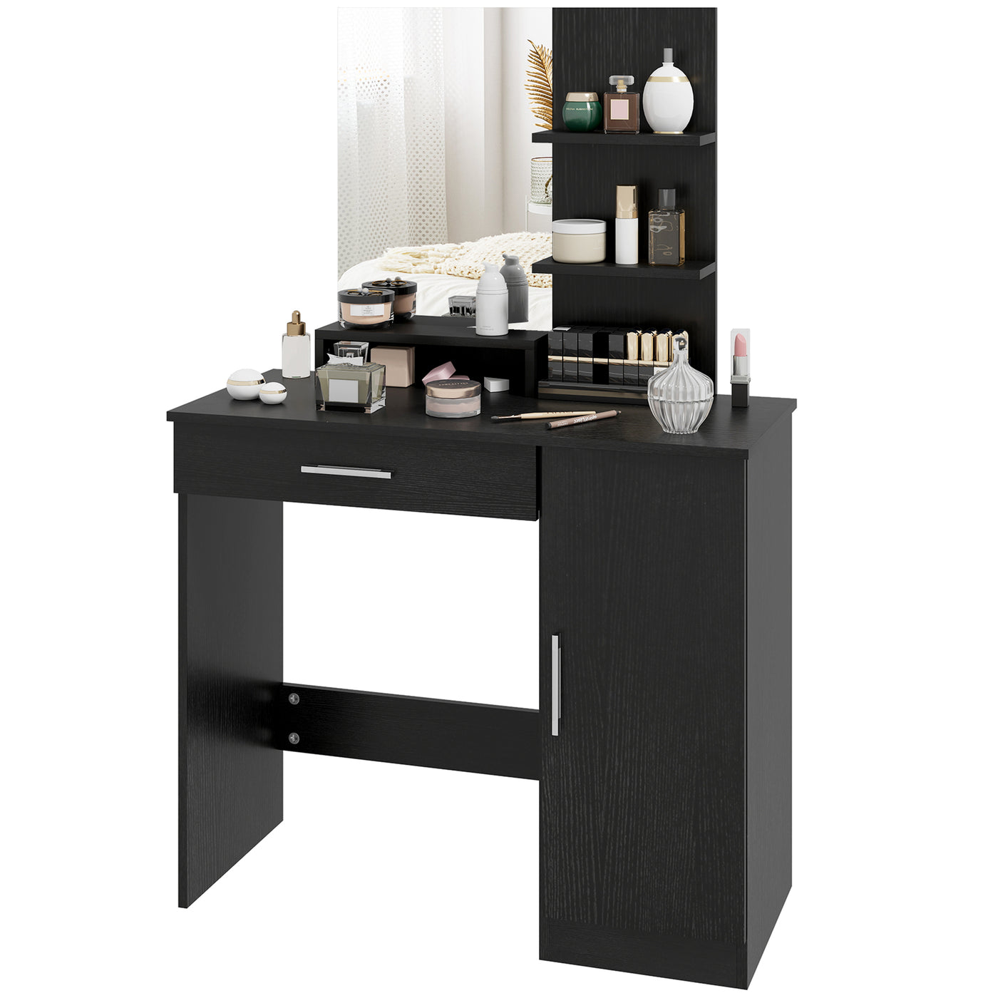 Vanity Desk with Mirror, Makeup Vanity w/ Drawer, Open Compartment and Shelves, Cabinet, Adjustable Shelves for Bedroom