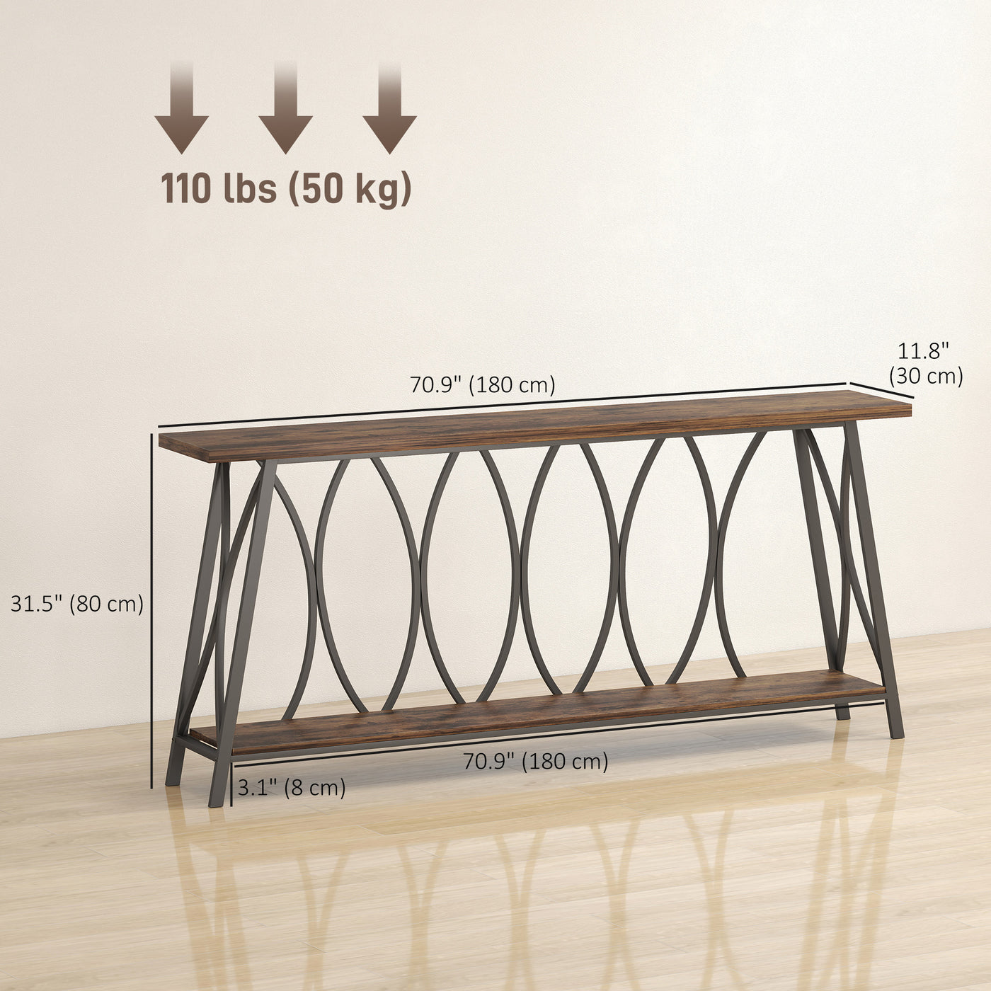 71" Console Table, Industrial 2-Tier Narrow Entryway Table with Metal Frame for Living Room, Hallway, Rustic Brown
