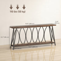 71" Console Table, Industrial 2-Tier Narrow Entryway Table with Metal Frame for Living Room, Hallway, Rustic Brown