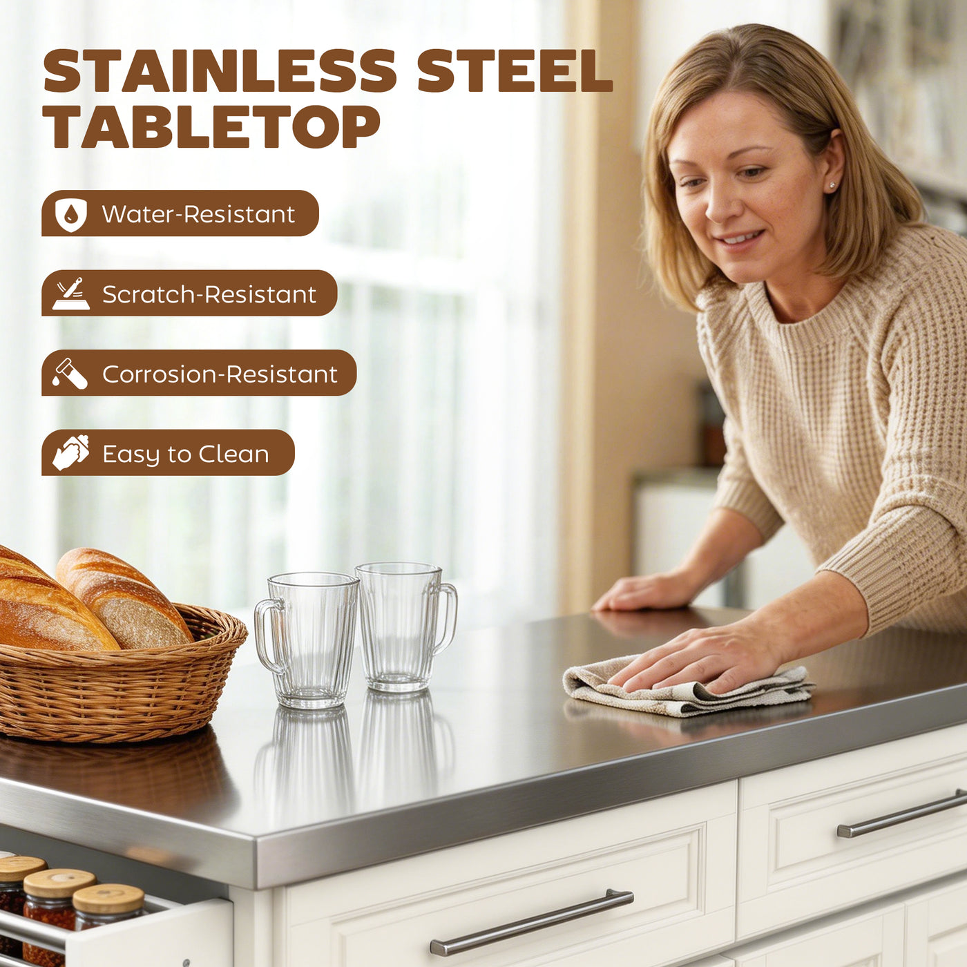 Rolling Kitchen Island with Storage and Stainless Steel Top, Kitchen Trolley with Drawers, Cabinets, Towel Rack, Cream