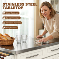 Rolling Kitchen Island with Storage and Stainless Steel Top, Kitchen Trolley with Drawers, Cabinets, Towel Rack, Cream