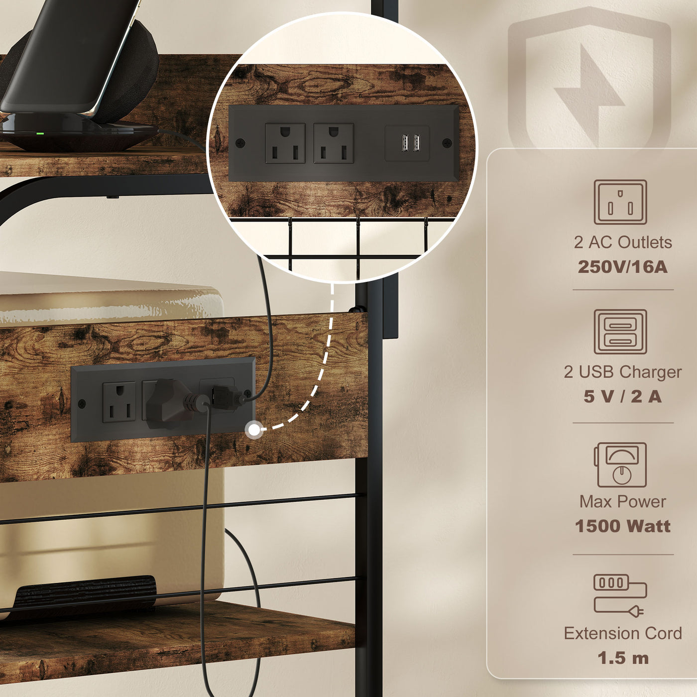 Baker's Rack with Charing Station, Microwave Shelf with Power Outlet, USB Charger and 4 Hooks, Rustic Brown