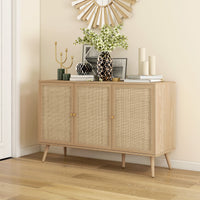 Kitchen Sideboard Cabinet, Boho Storage Cabinet with Shelves, Wood Legs, Decorative Rattan Doors, Natural