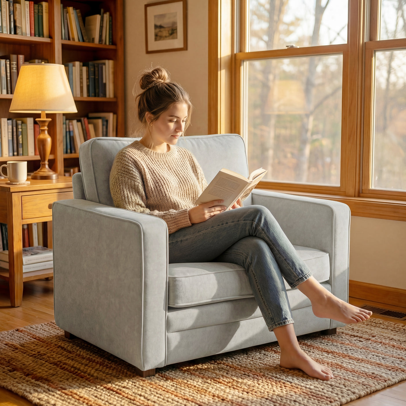 Accent Chair, Velvet-feel Fabric Armchair with Wide Seat, Spring Cushion, Solid Wood legs, Grey
