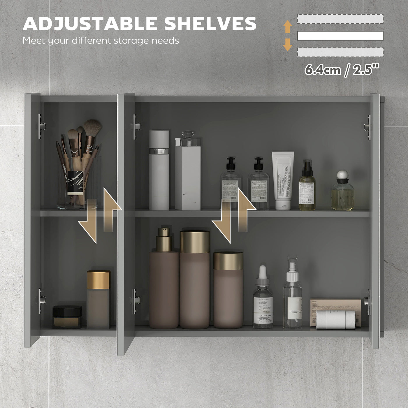 35" x 24" Wall Mounted Mirror Cabinet, Bathroom Medicine Cabinet with Mirror, 3 Doors and Adjustable Shelves, Grey