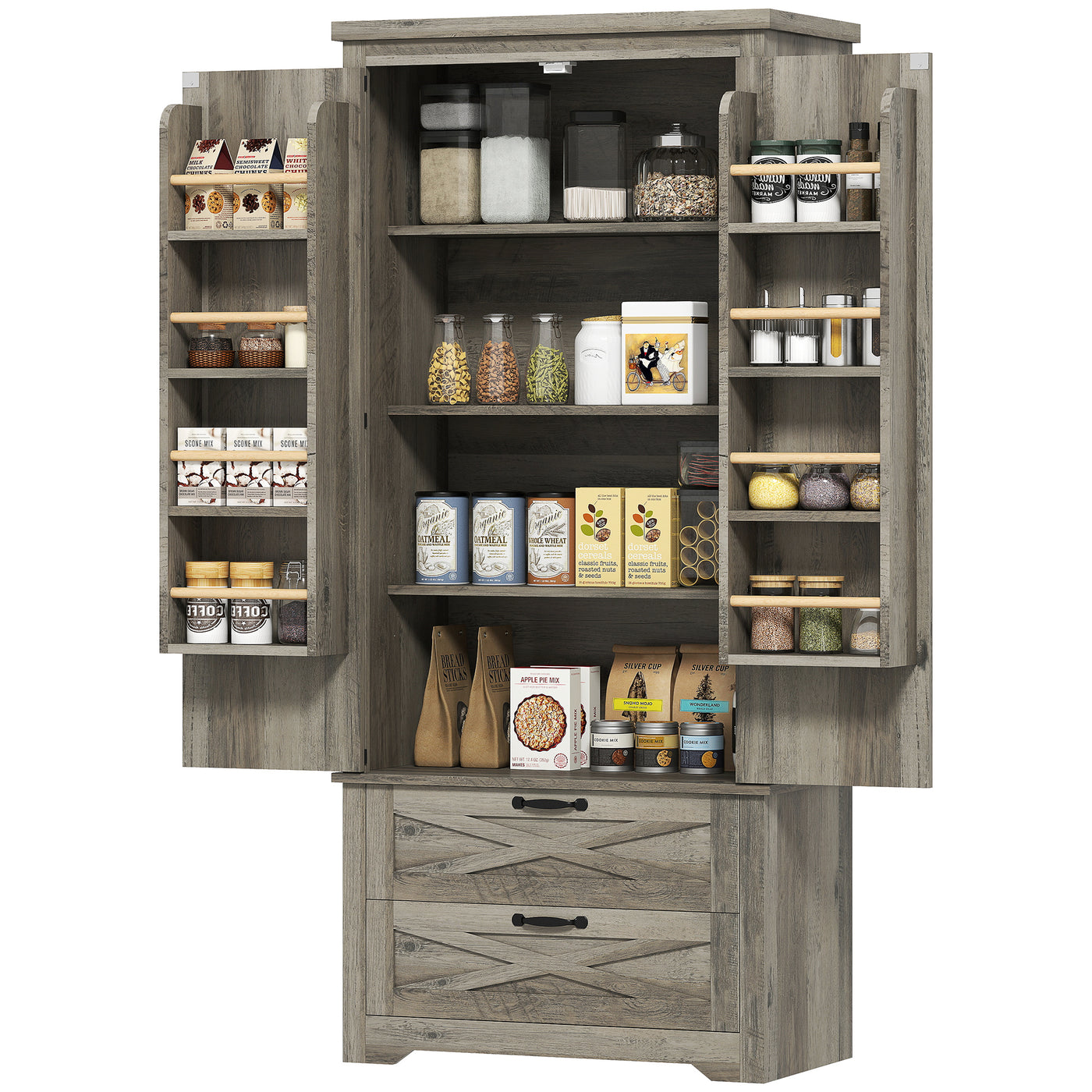 Farmhouse Kitchen Pantry Storage Cabinet, 64" Freestanding Kitchen Pantry Cabinet with Drawers, Distressed Grey