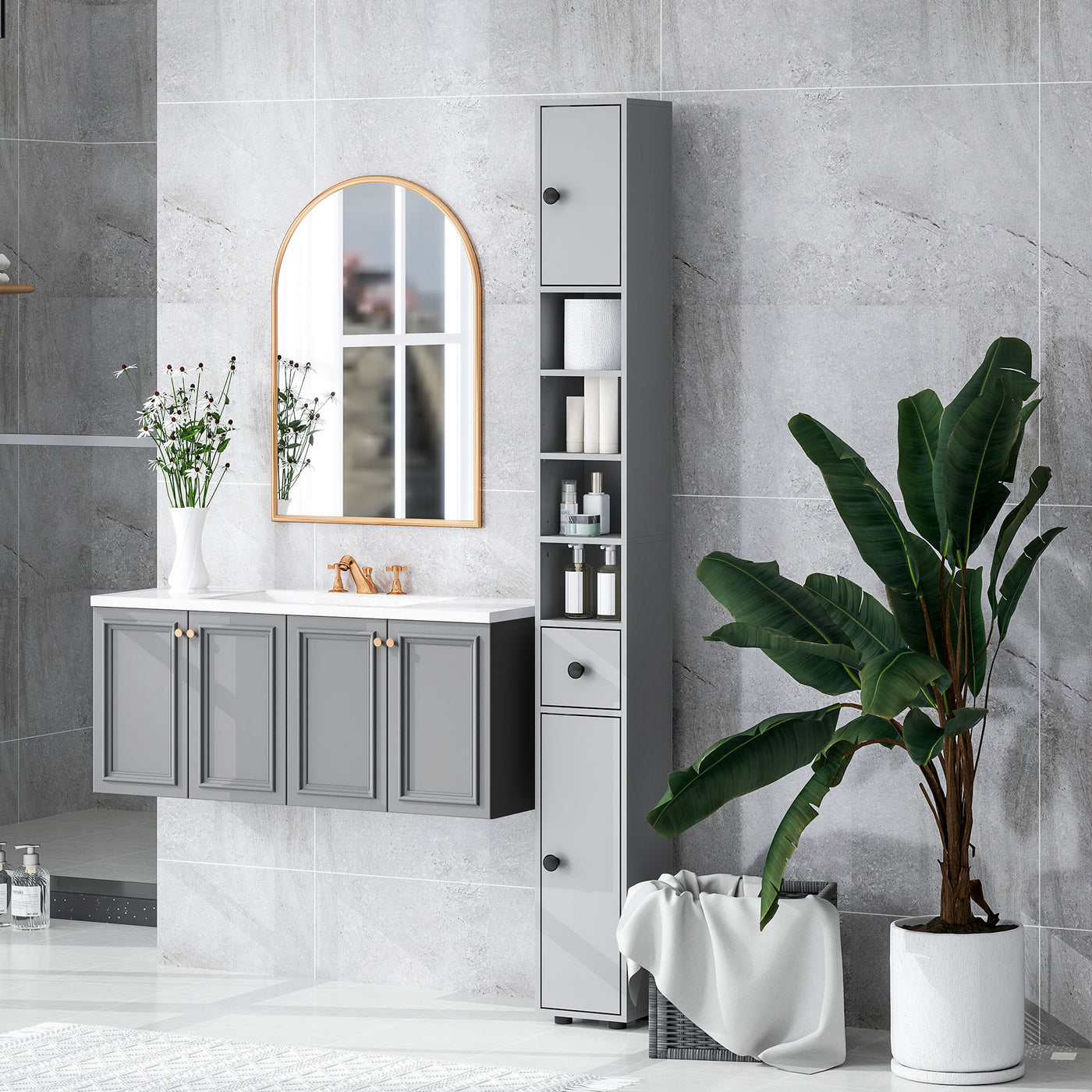71" Tall Bathroom Cabinet, Narrow Toilet Paper Cabinet with Open Shelves, 2 Door Cabinets, Adjustable Shelves, Grey
