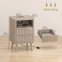 Nightstands Set of 2, Modern Bedside Tables with Charging Station, 2 Drawers and Open Shelf, Grey