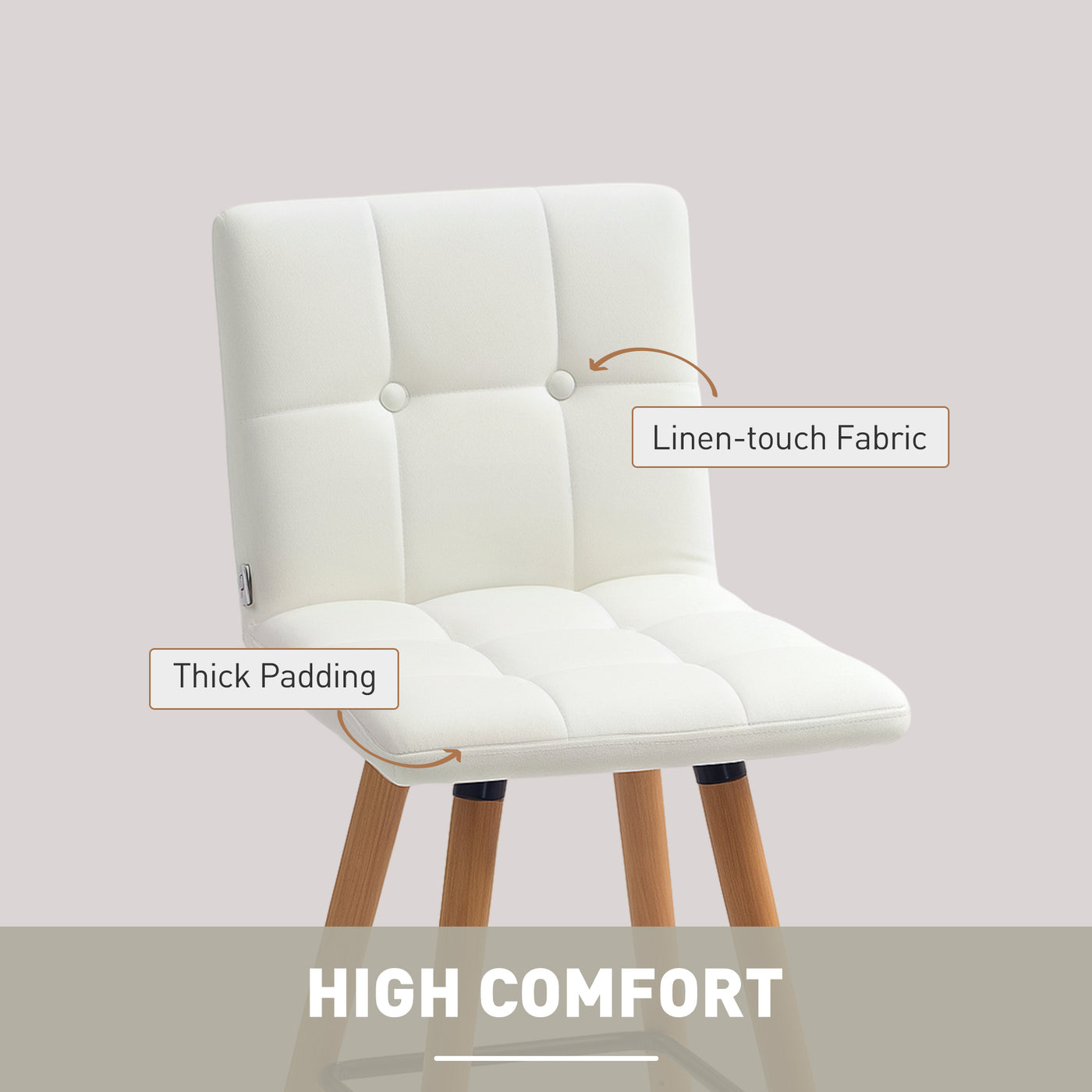Modern Bar Stools Set of 2, 38" Upholstered Kitchen Island Stool with Solid Wood Legs, White