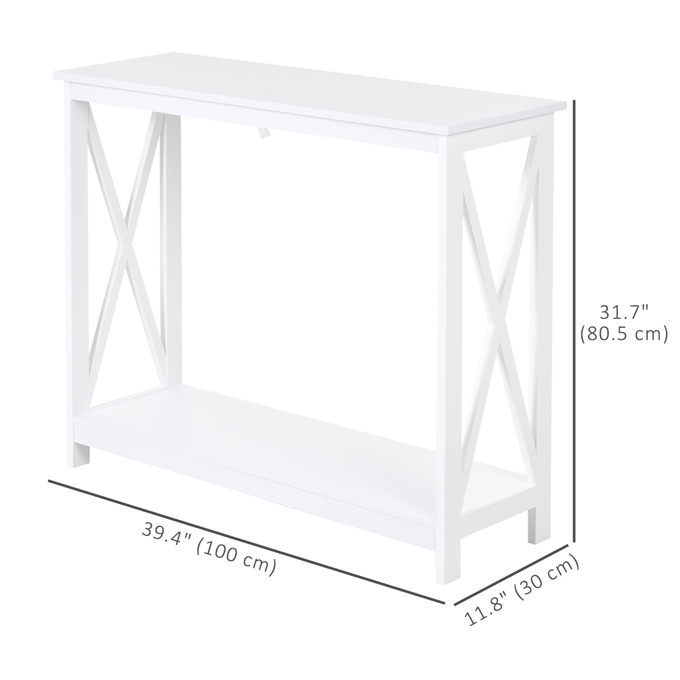 40" Console Table, 2 Tier X-Design Narrow Entryway Table with Storage Shelf for Behind Couch, Living Room, Hallway, White