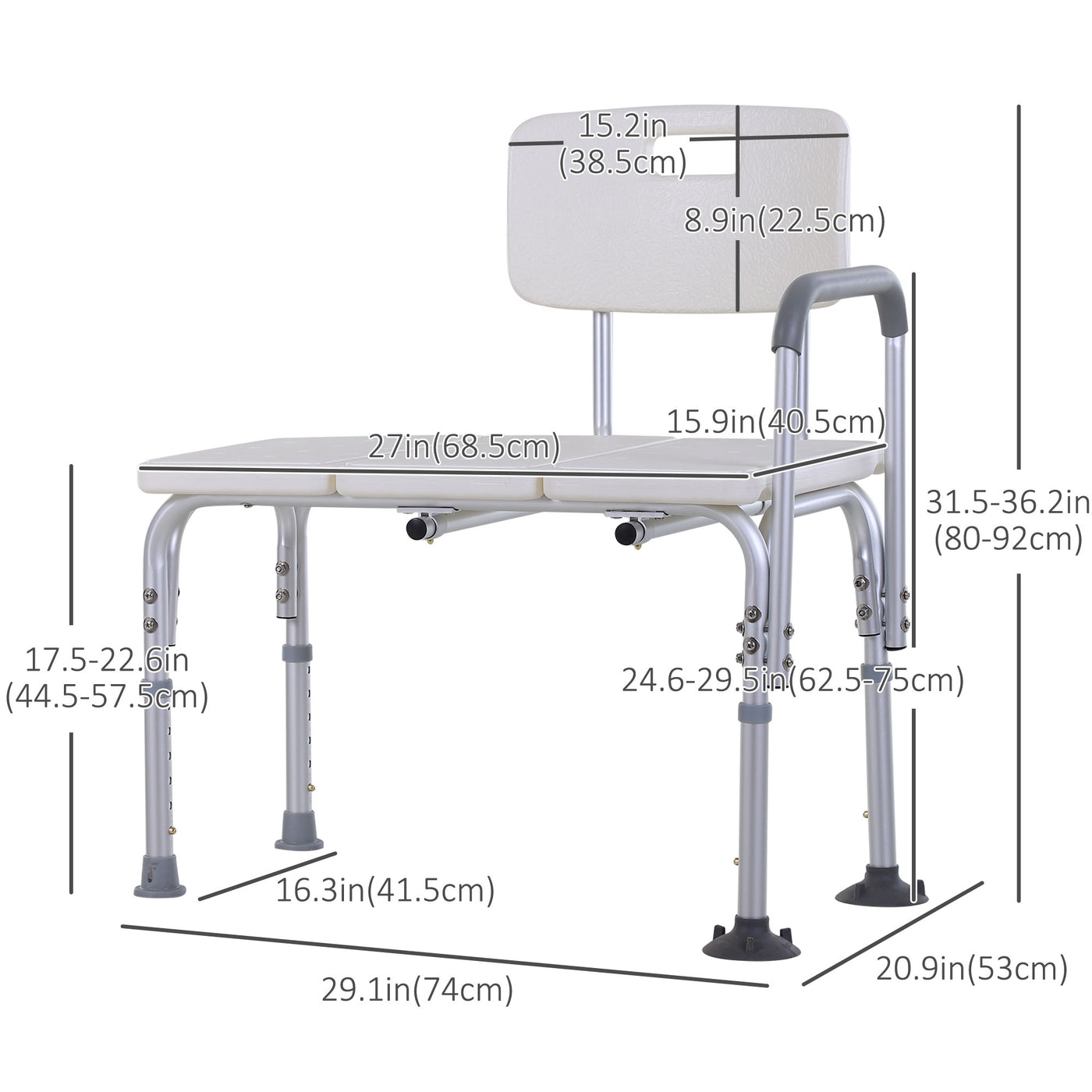 6-Level Adjustable Bath and Shower Transfer Bench Aluminum Chair with Non-Slip Feet, Armrest & Backrest White
