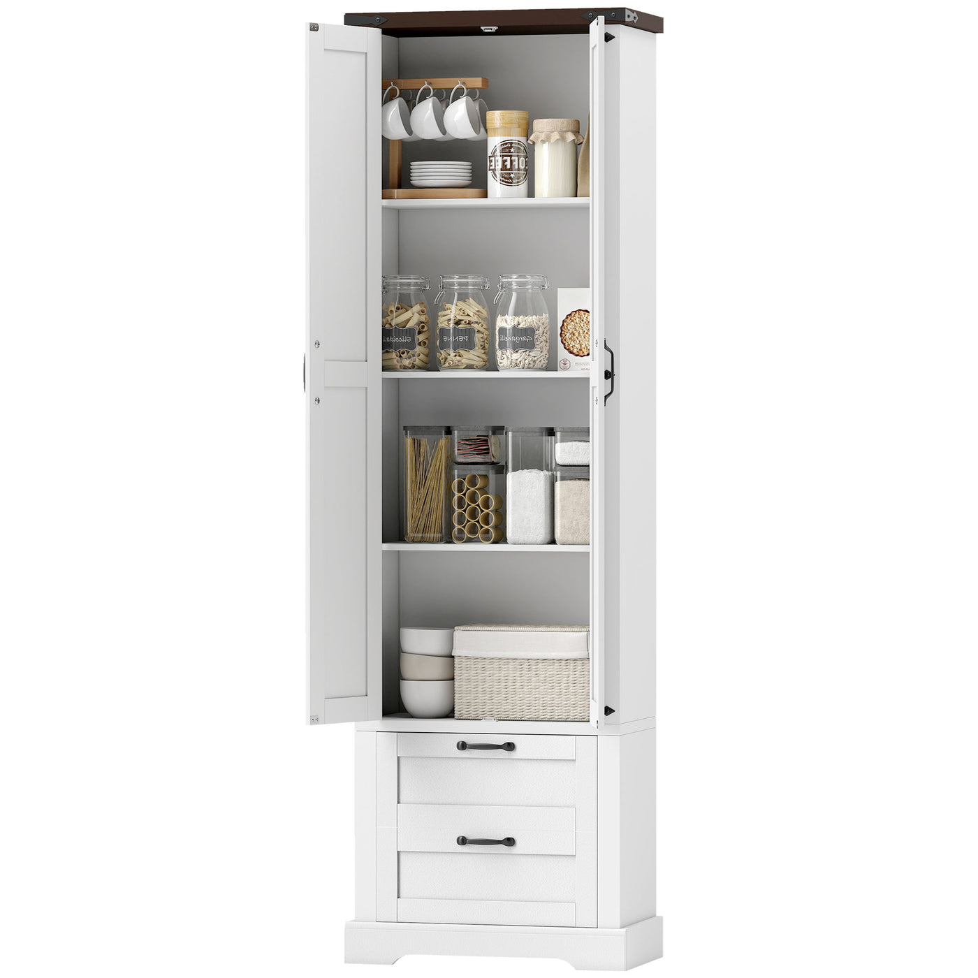 71" Tall Kitchen Pantry Cabinet, Farmhouse Kitchen Storage Cabinet with 2 Drawer and Adjustable Shelves, White