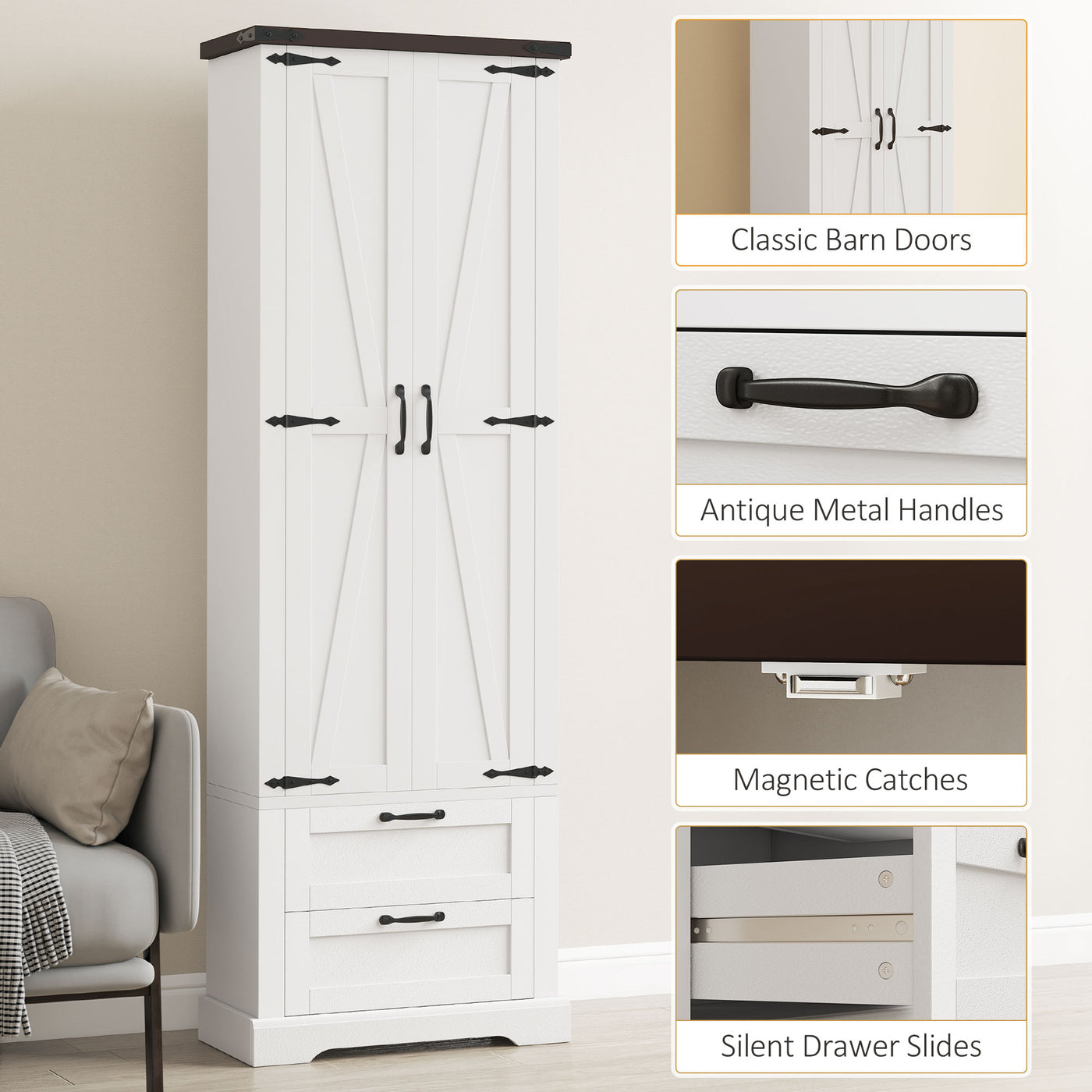 71" Tall Kitchen Pantry Cabinet, Farmhouse Kitchen Storage Cabinet with 2 Drawer and Adjustable Shelves, White