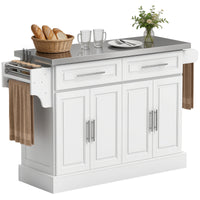 Rolling Kitchen Island with Storage and Stainless Steel Top, Kitchen Trolley with Drawers, Cabinets, Towel Rack