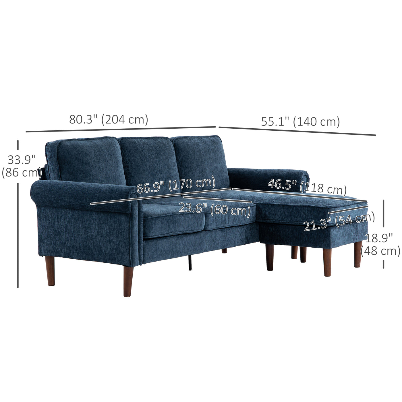 L Shape Sofa, Modern Sectional Couch with Changeable Chaise Lounge, Wooden Legs, Corner Sofa for Living Room, Dark Blue