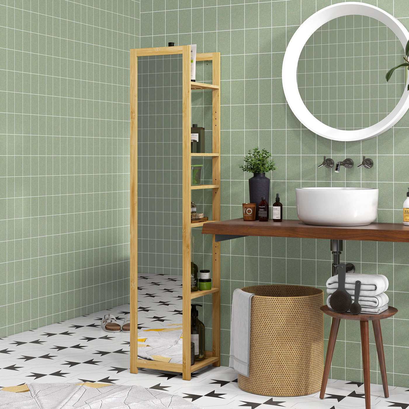 66" x 14" Standing Mirror with 6-Tier Shelf, Floor Mirror Full Body Mirror for Bathroom, Living Room, Nature Wood