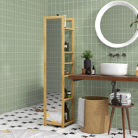66" x 14" Standing Mirror with 6-Tier Shelf, Floor Mirror Full Body Mirror for Bathroom, Living Room, Nature Wood
