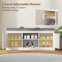 Shoe Bench with Padded Cushion, Boho Entryway Bench with Rattan Doors and Adjustable Shelves, Holds 9 Pairs, White