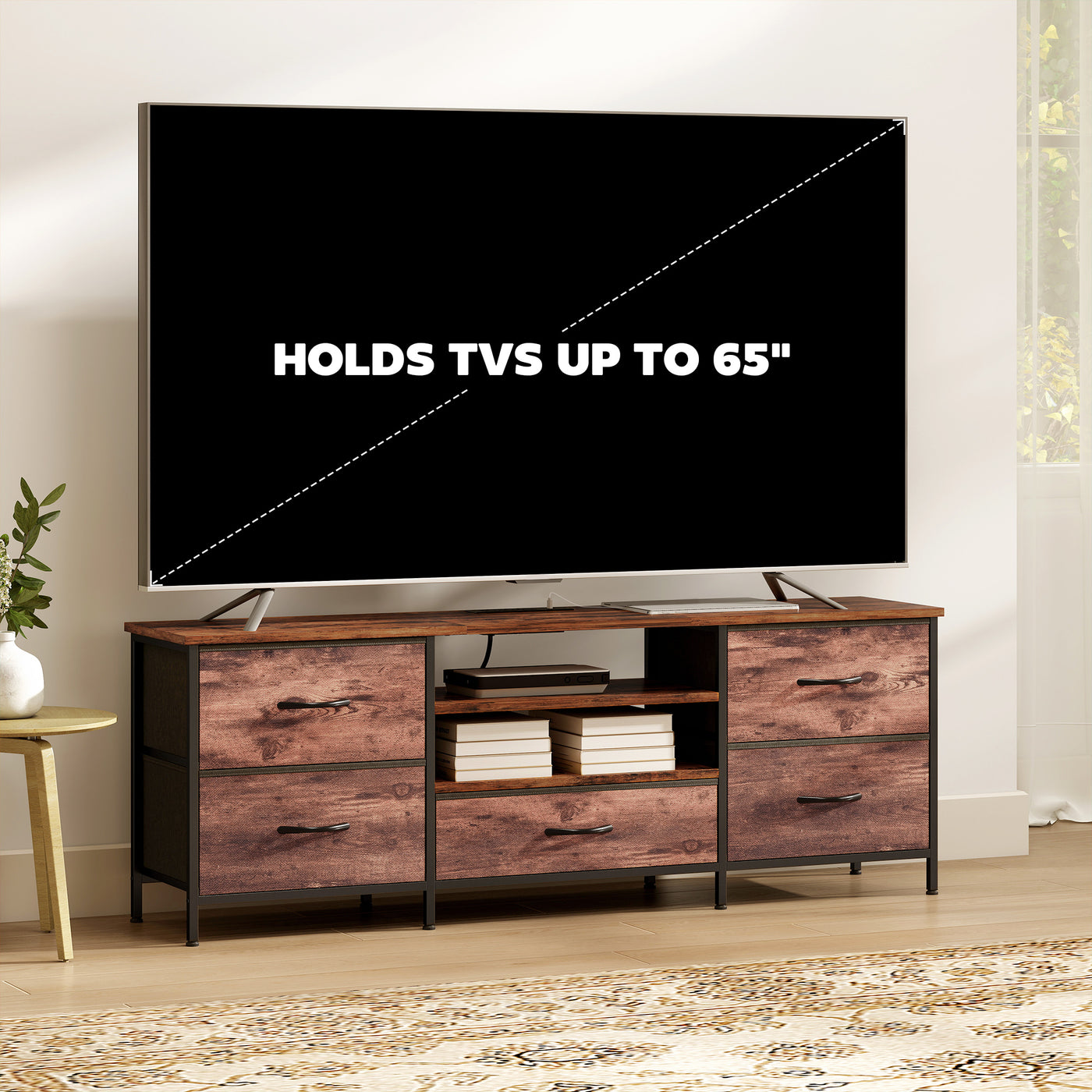 TV Stand for TVs up to 65 Inch, Industrial TV Console with Charging Station, 5 Drawers and Open Shelves, Rustic Brown