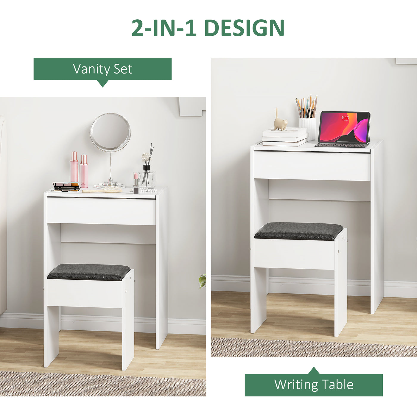 Modern Vanity Set with Makeup Table and Cushioned Stool, Dressing Table with Flip Top and Mirror for Bedroom, White