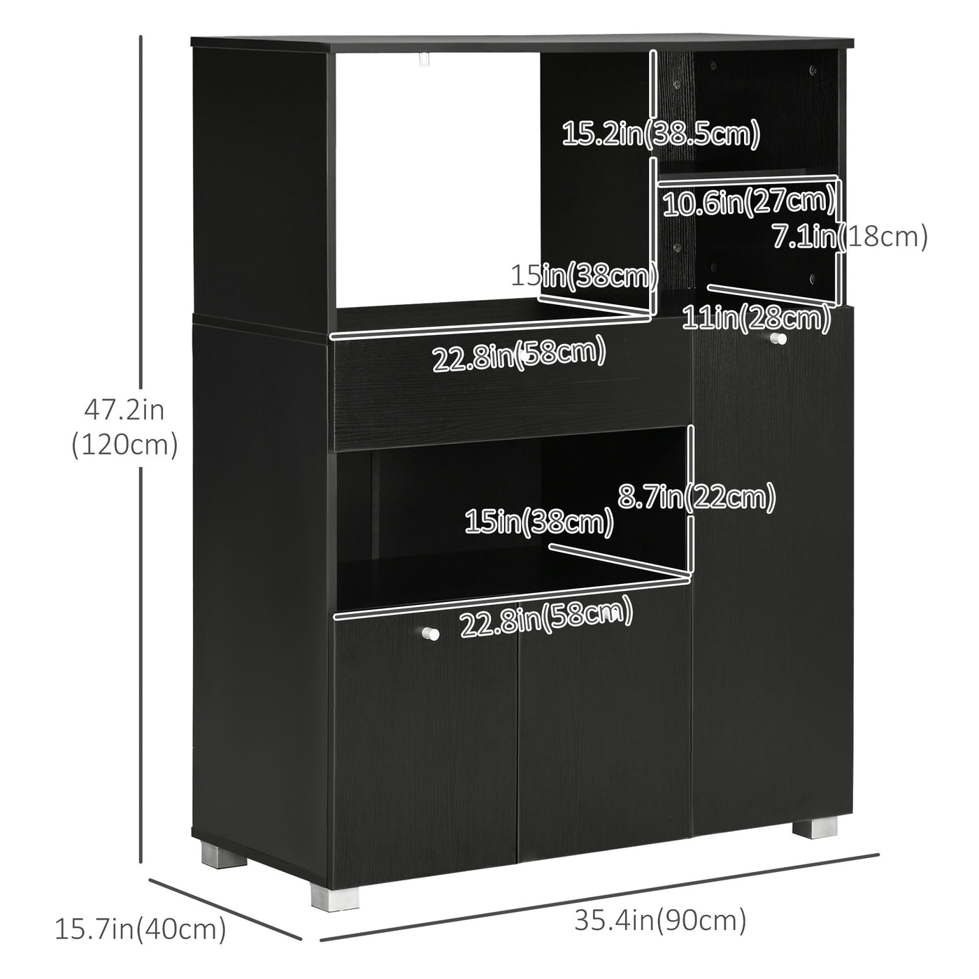 Compact Kitchen Pantry Buffet Server Hutch Storage Cabinet  with Microwave Oven Stand Drawer and Shelves, Black