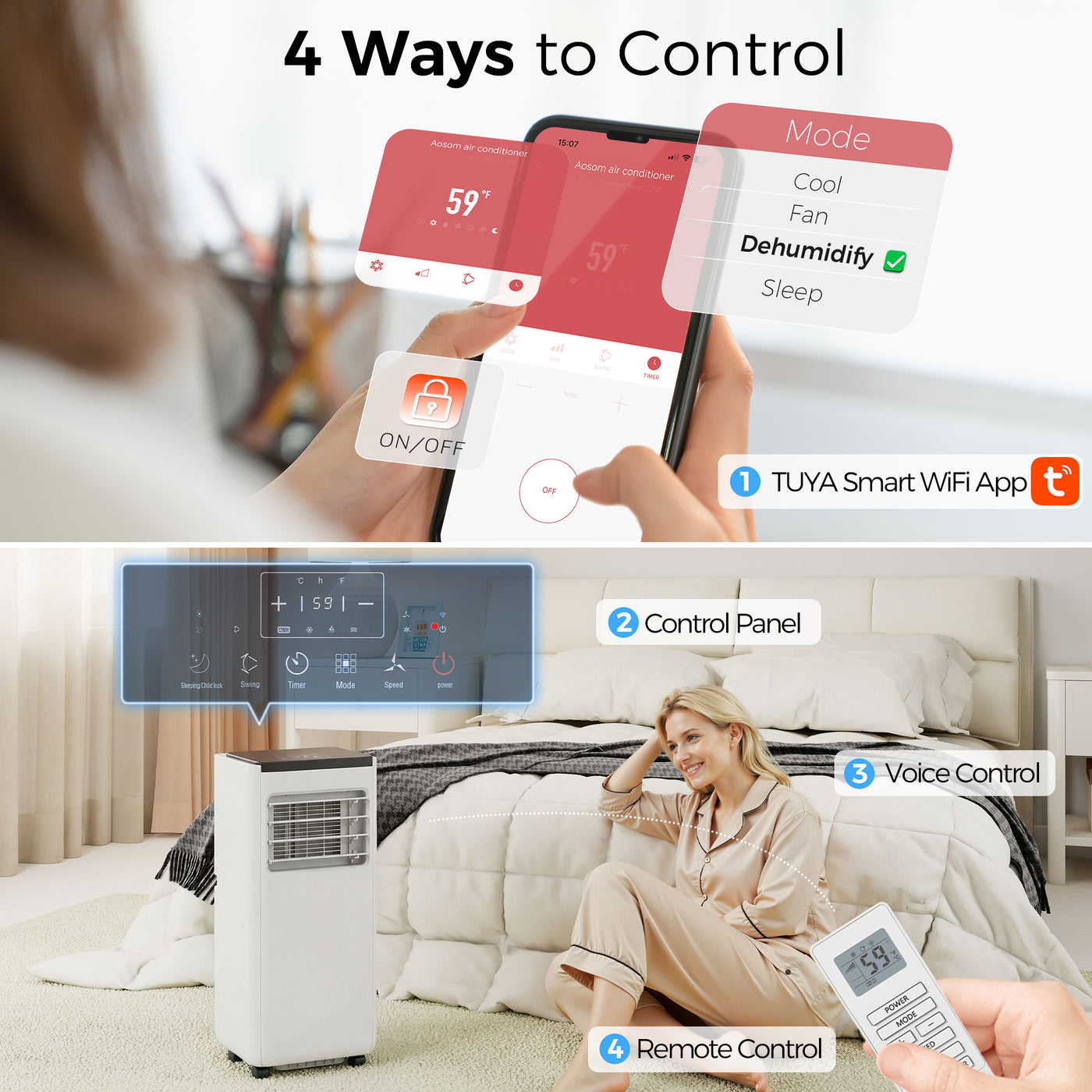 8000 BTU Portable 4-in-1 Air Conditioner with Cool, Dehumidifier, Fan, Sleep, WiFi Voice Remote Control, White