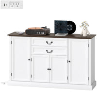 Farmhouse Sideboard with Charging Station and Thickened Top, 58" Buffet Cabinet with 2 Soft-Close Drawers, White