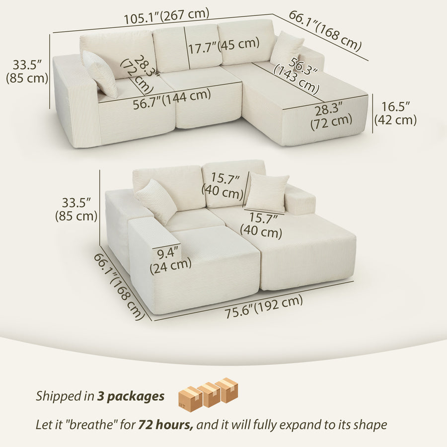 2-in-1 Modular Sectional Sofa, Boneless L Shaped Couch Sofa Bed, Cream White