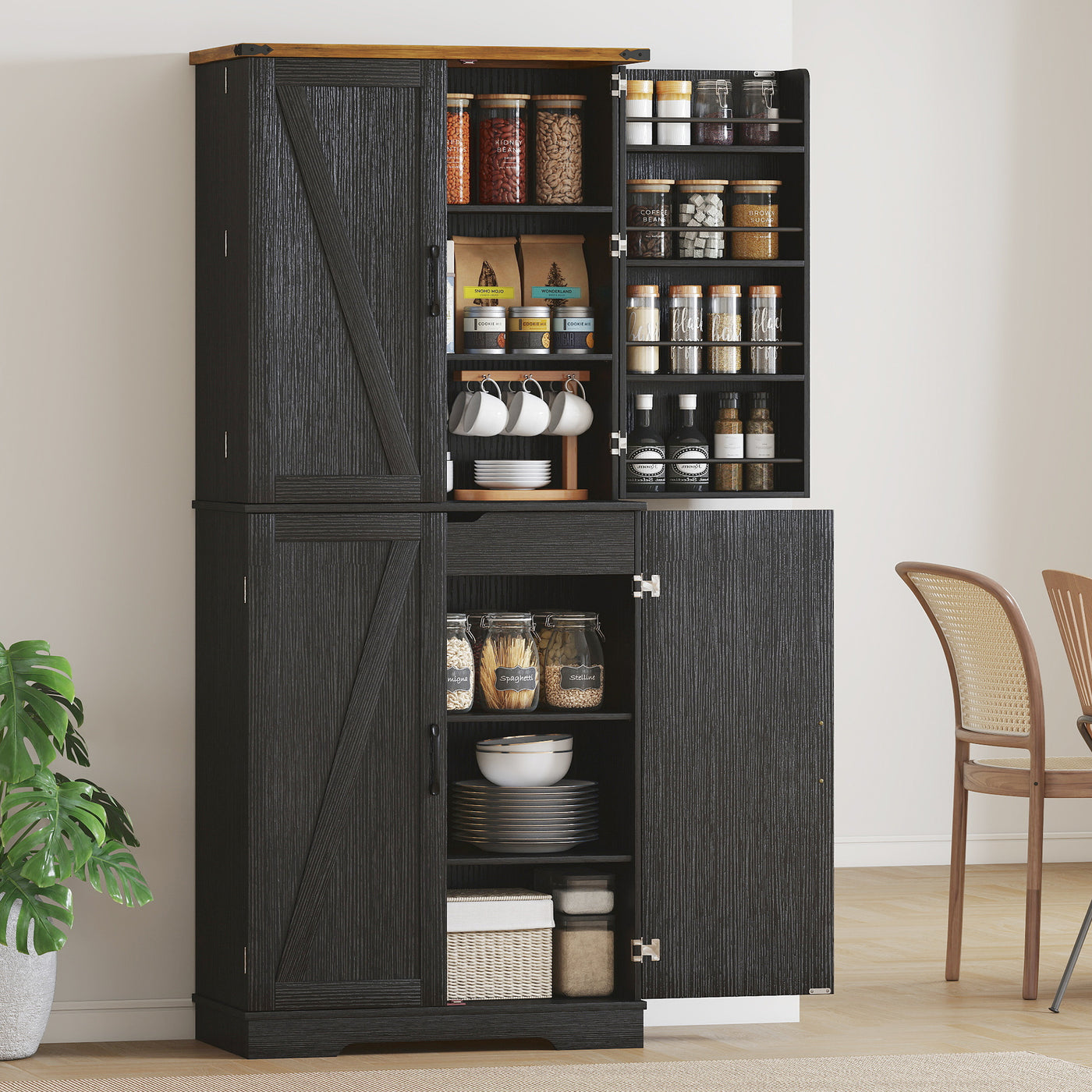 72" Kitchen Pantry Cabinet, Farmhouse Storage Cabinet with 4 Doors, Drawer, 8 Door Shelves and Adjustable Shelf, Black