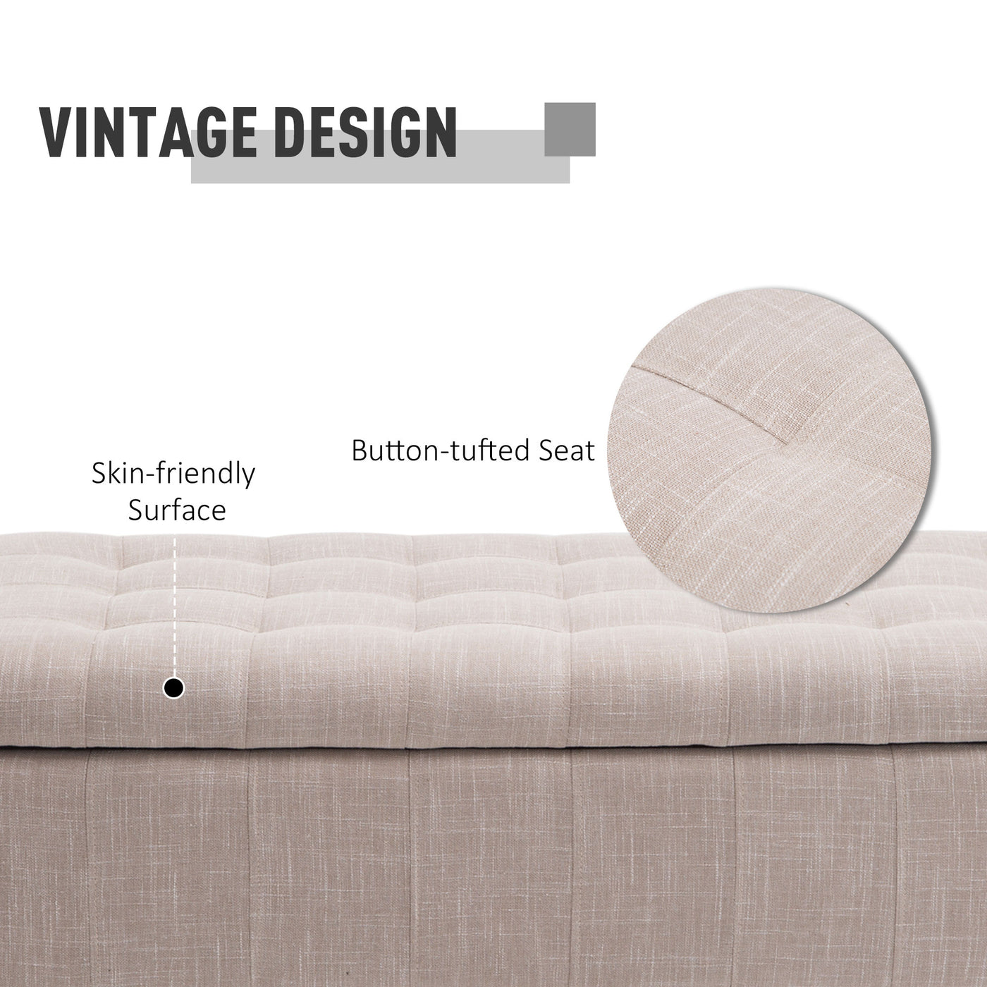 Storage Ottoman, Linen Fabric End of Bed Bench with Soft Close Lid, Button Tufted Storage Bench for Living Room, Entryway or Bedroom, 42" x 17" x 19", Beige
