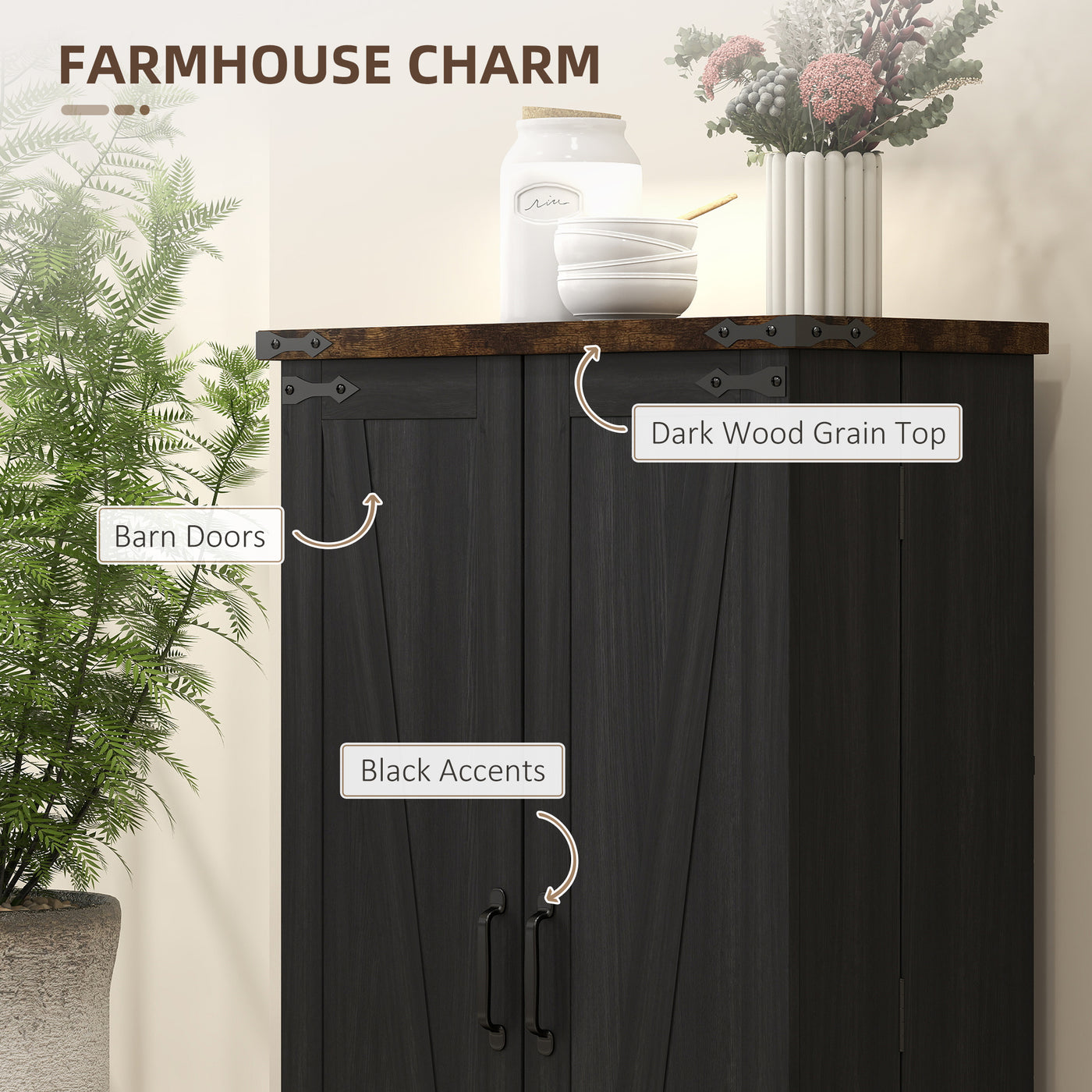 Farmhouse Kitchen Pantry Storage Cabinet, Kitchen Pantry Cabinet with Doors and Adjustable Shelves, Black