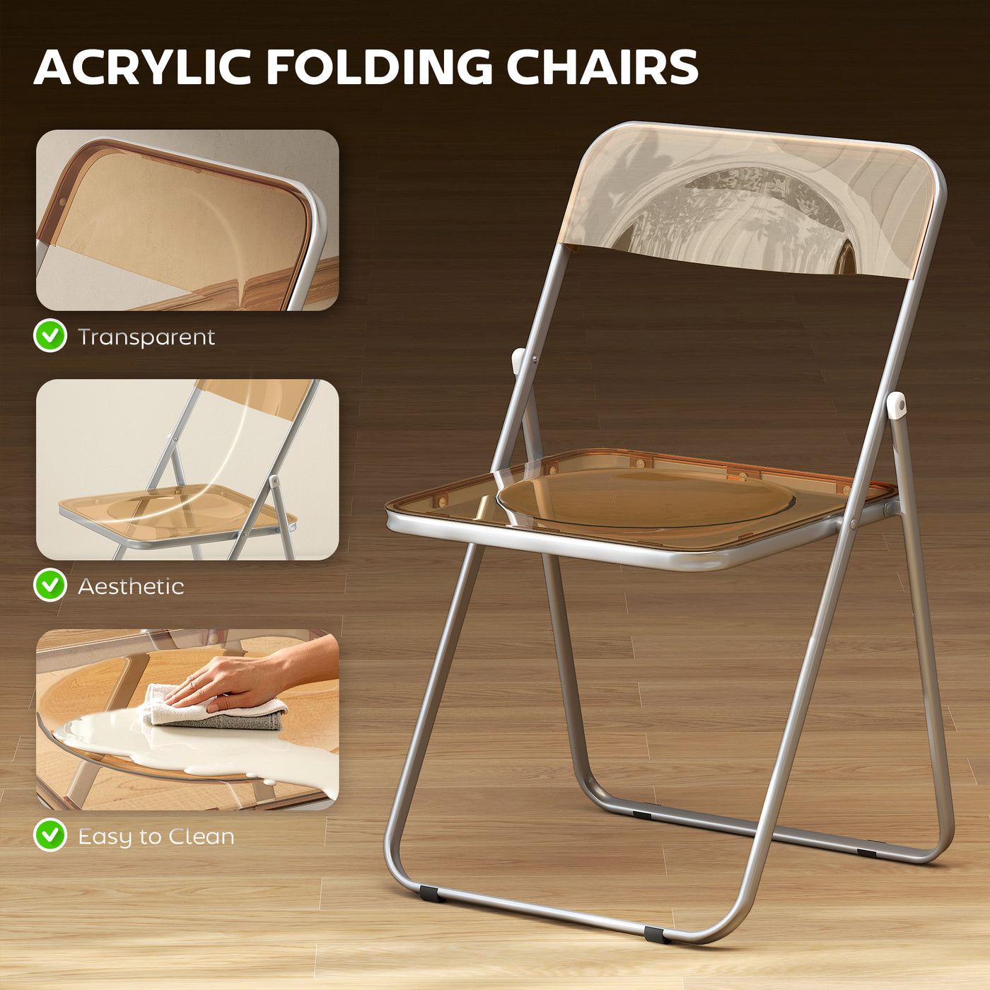 4 Pack Acrylic Foldable Chairs, Transparent Folding Chairs for Living Room, Home Office, Party, Orange