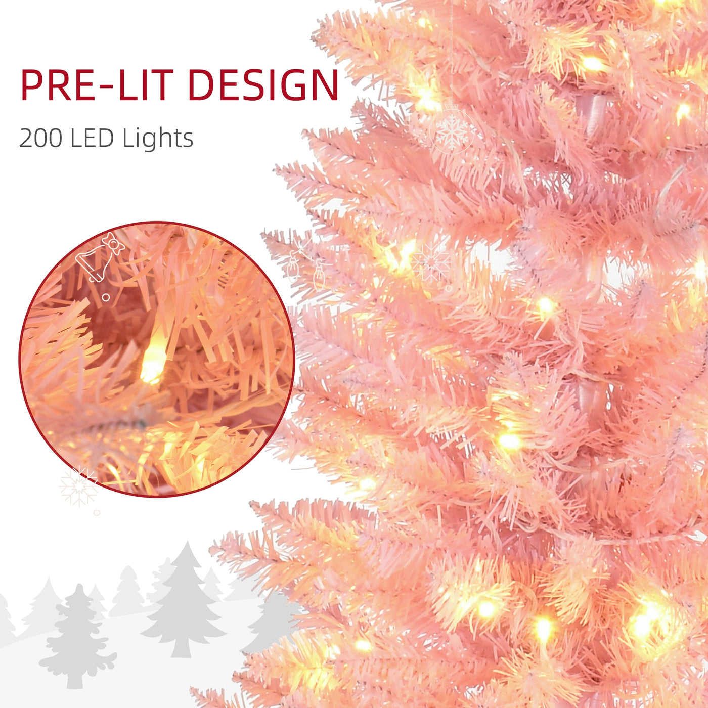 7' Pre Lit Artificial Pencil Christmas Trees, Xmas Tree with Realistic Branches and Warm White LED Lights, Pink