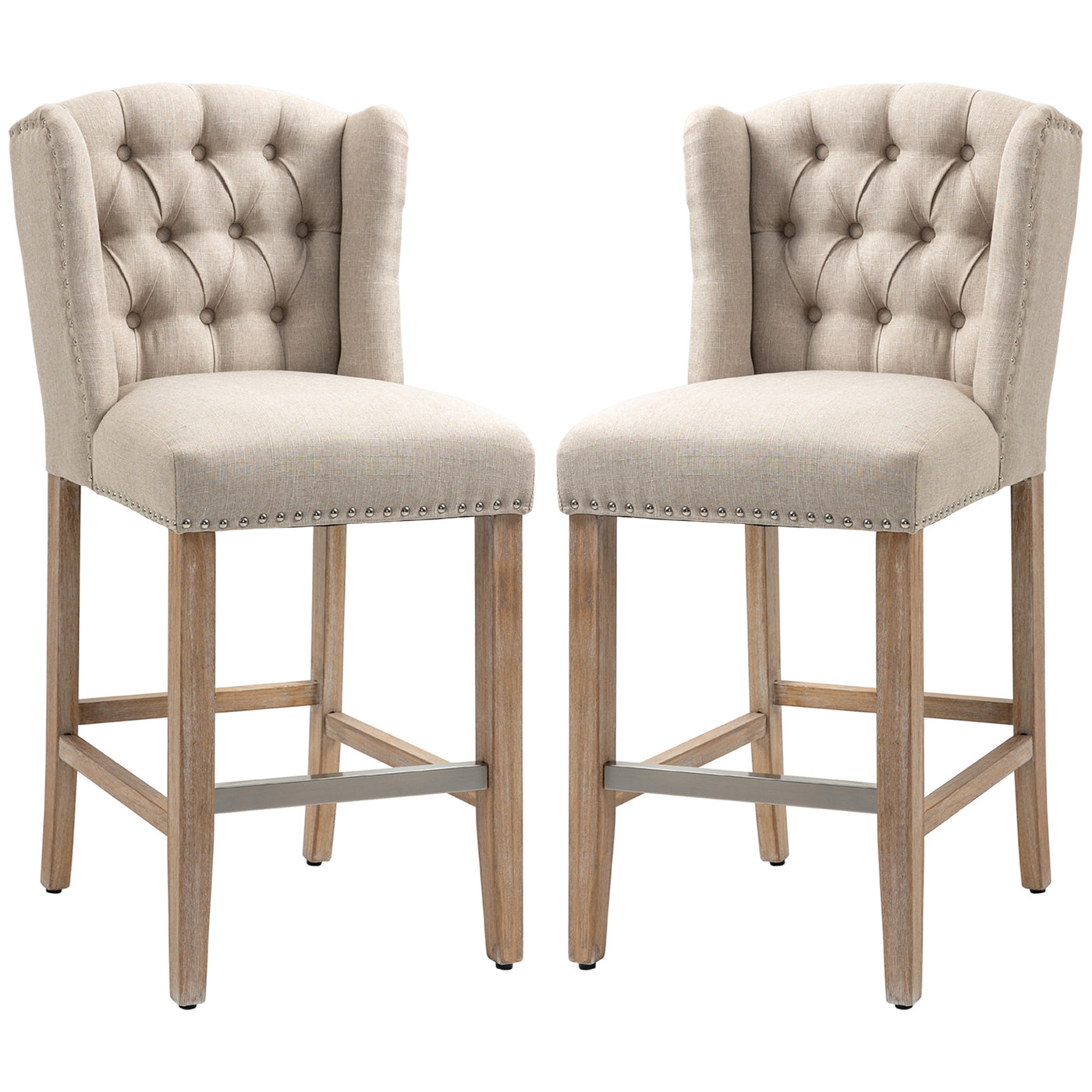Counter Height Bar Stools Set of 2, Upholstered Bar Chairs with Nailhead Backrest and Footrest, Modern Barstools for Kitchen, Dining Room, Beige