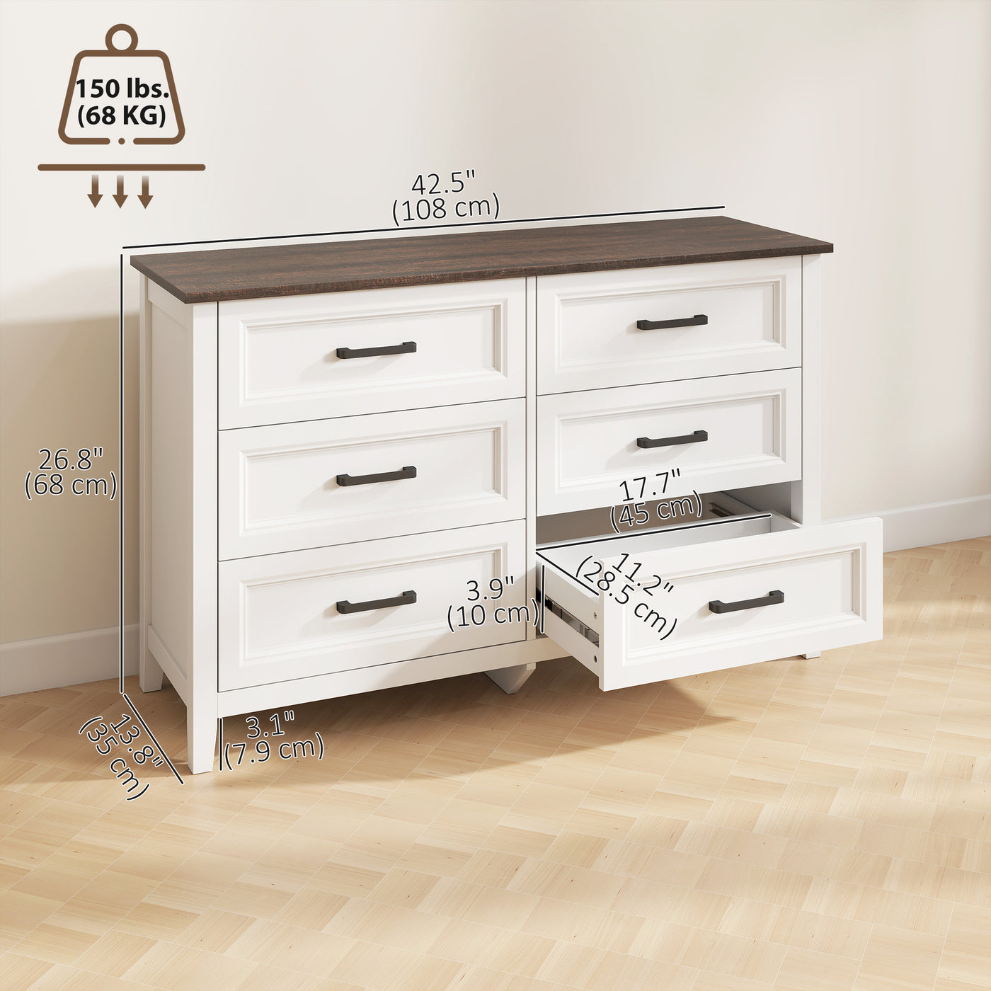 Wide Dresser for Bedroom with 6 Drawers Storage Chest of Drawers for Living Room, Closet, Laundry, Entryway