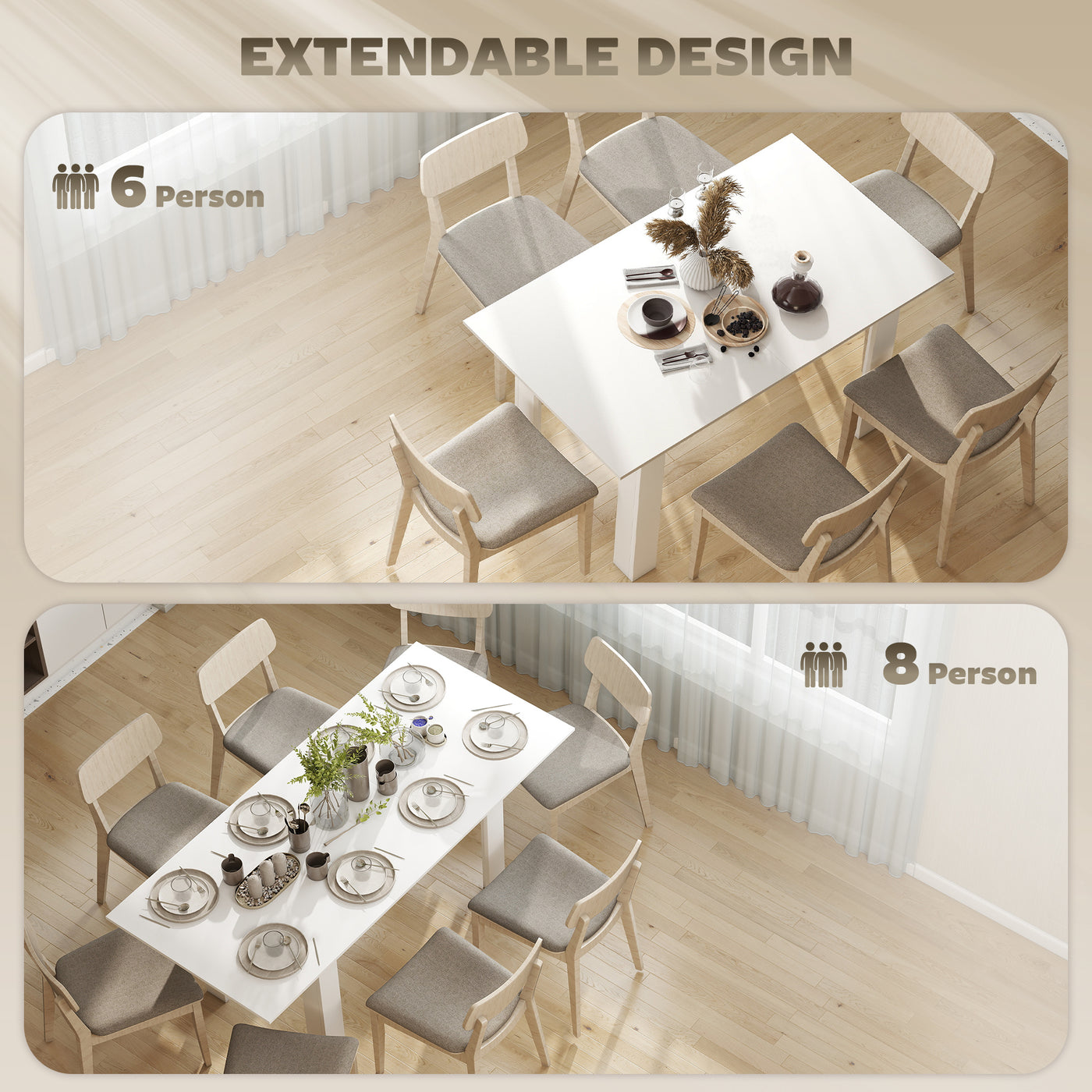 Modern Extendable Dining Table, 55.1 x 31.5 in, for 6-8 People, Expandable Dining Table for Kitchen, White