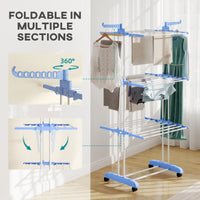 Foldable Clothes Drying Rack, 4-Tier Steel Laundry Rack for Drying Clothes with 2 Side Wings and 4 Castors, Indoor and Outdoor Use, Blue