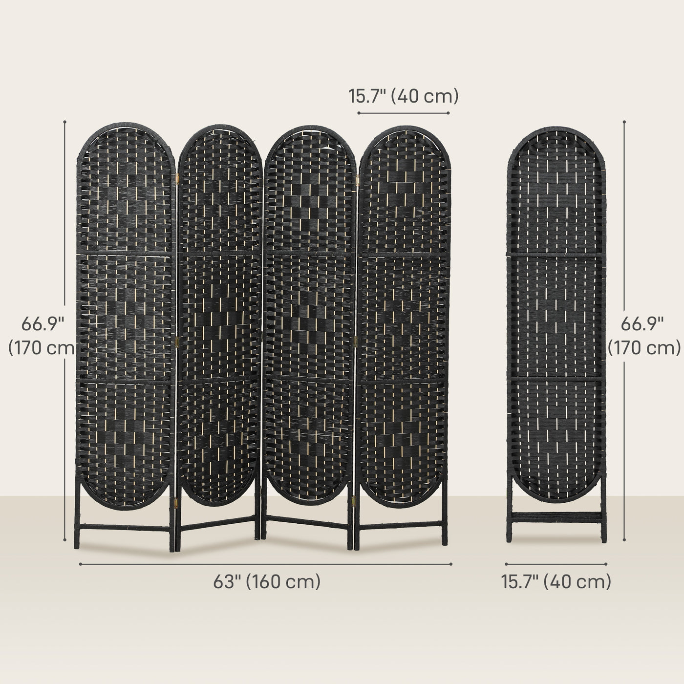 Bohemian Privacy Screen, Folding Room Divider with 4 Panels and Arched Top for Bedroom Living Room Office, Black