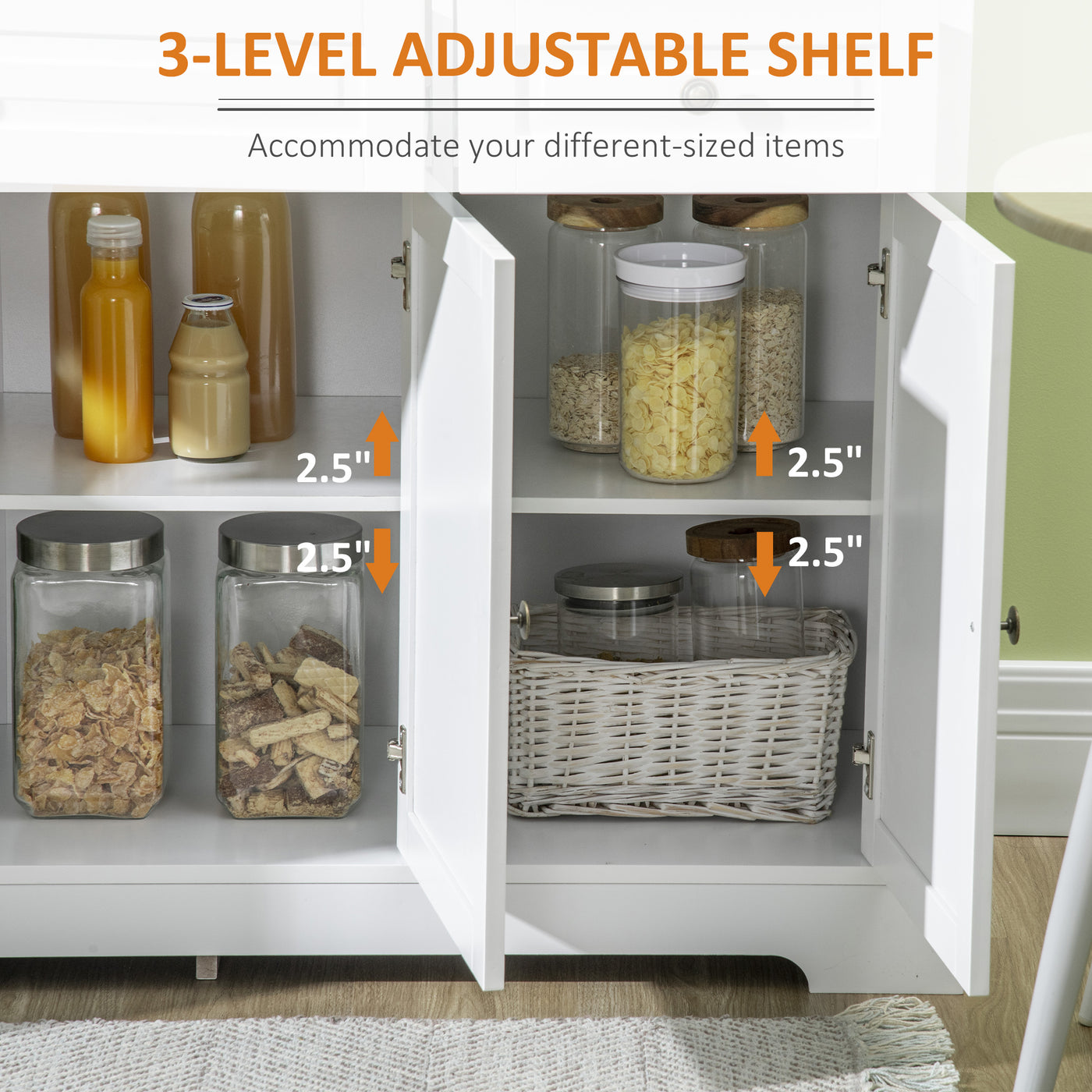Modern Sideboard Cabinet, Buffet Cabinet with 2 Drawers and Adjustable Shelves, Buffets Tables for Dining Room, White