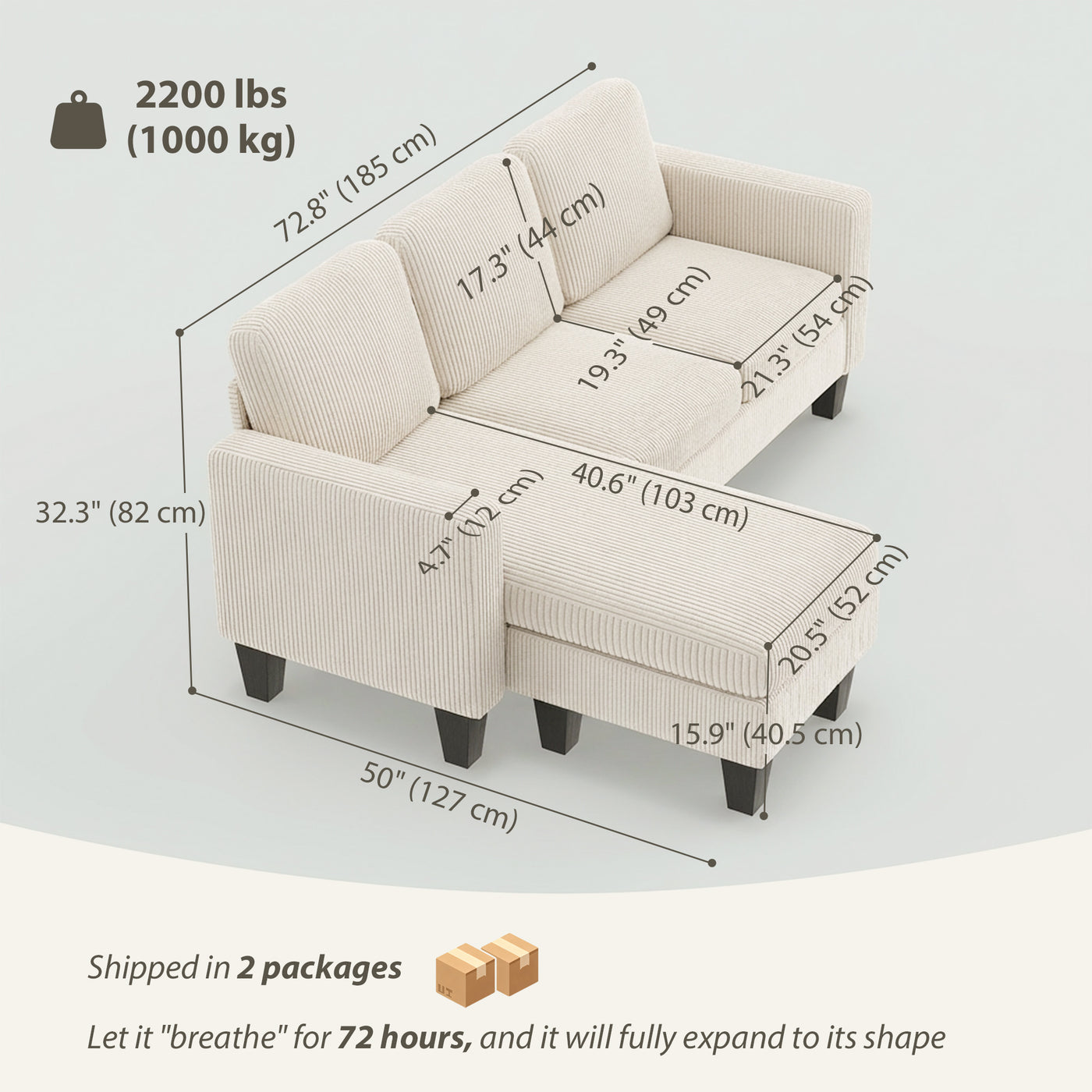 Sectional Sofa, L Shaped Couch, with Changeable Chaise or Ottoman, Cream White
