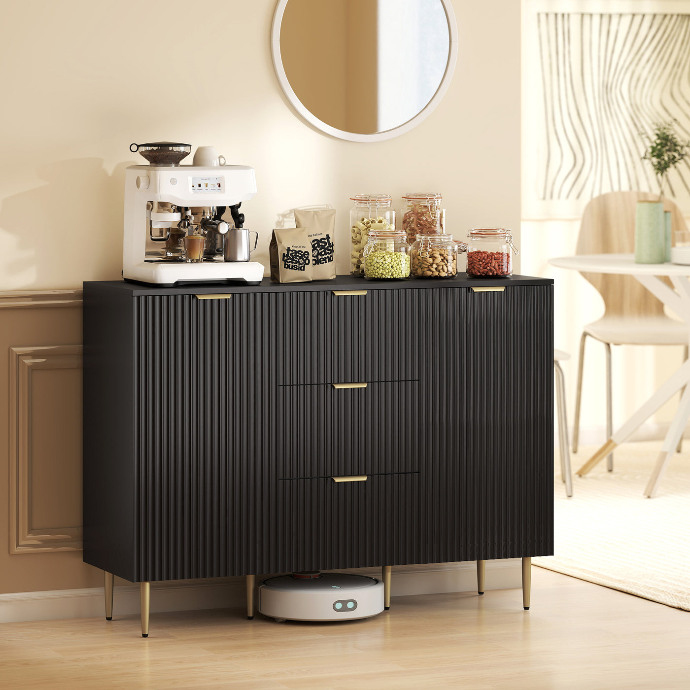 Modern Kitchen Storage Cabinet, Sideboard Buffet Cabinet w/ 3 Drawers and Adjustable Shelves for Kitchen Hallway, Black