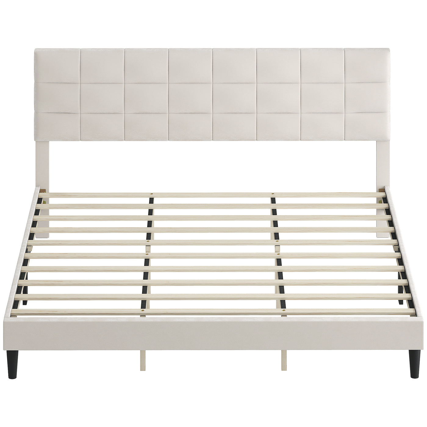 King Size Bed Frame with Upholstered Headboard, Modern Platform Bed Frame with Wood Slats, 1100 lbs Capacity, Cream White