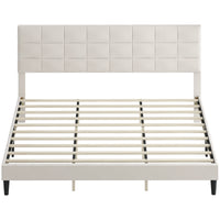 King Size Bed Frame with Upholstered Headboard, Modern Platform Bed Frame with Wood Slats, 1100 lbs Capacity, Cream White