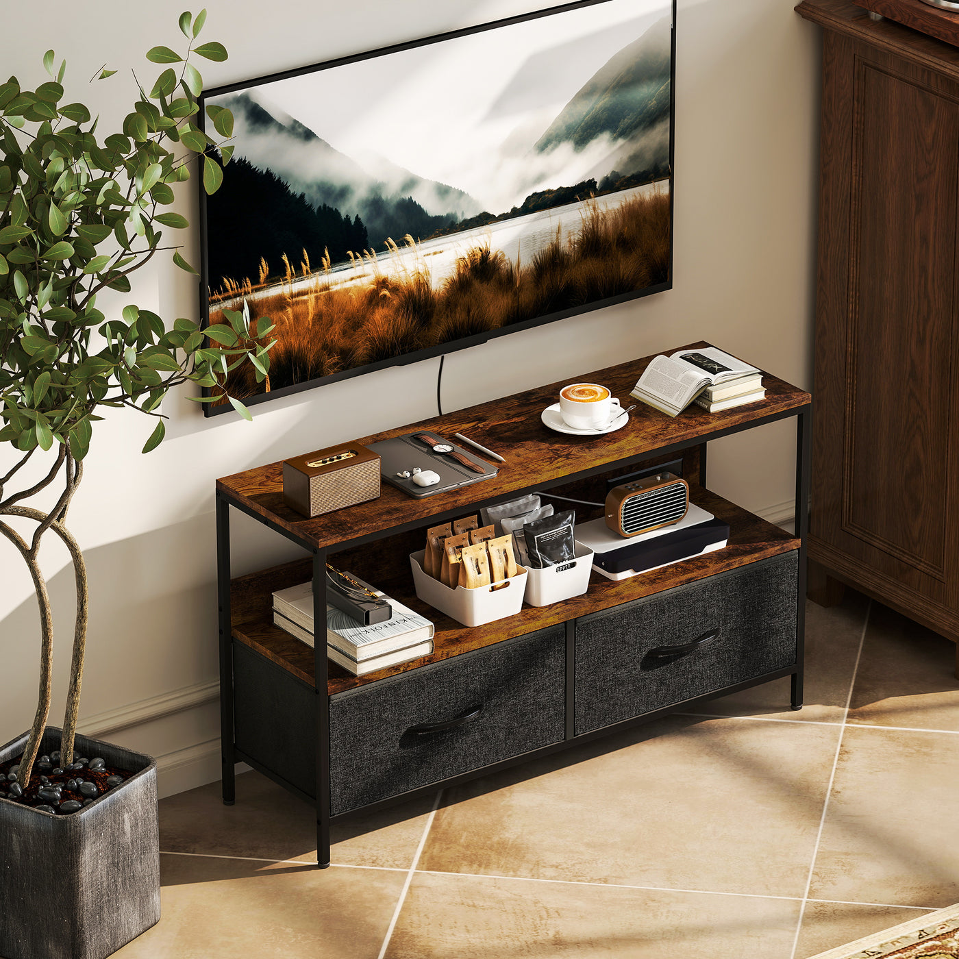 TV Stand with Charging Station, TV Table with 2 Foldable Linen Drawers and Open Shelf for 47 Inch TV, Rustic Brown