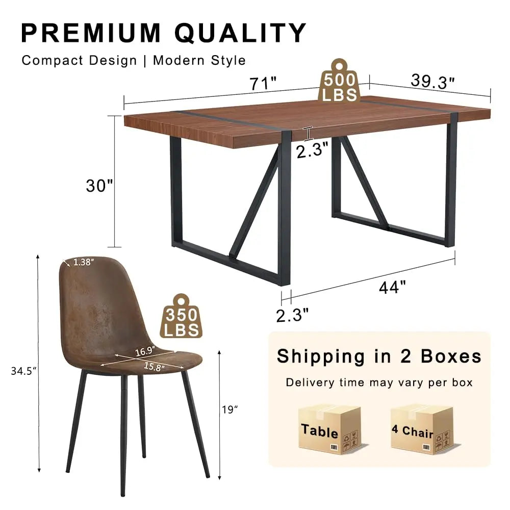 Walnut Dining Table Set for 6, 71" Wood Kitchen Table Set with 6 Suede Nap Fabric Chairs, Modern Rectangular Dining, Customized