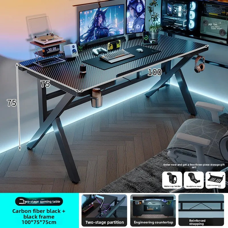 Gaming Desk Two-Stage Split Plate Desktop Home Mountable Monitor Stand Carbon Fiber Textured Solid Wood Computer Desk