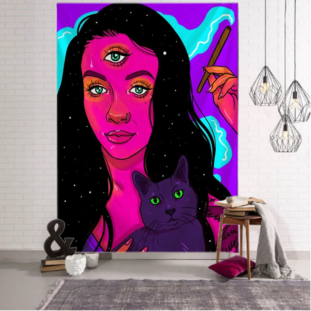 Hippie Wall Big Tapestry Wall Hanging Psychedelic Smoke Cool Girl Art Mystic Kawaii Room Decor Mandala Yoga Picnic Mat Sheet