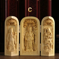 1Pc Exquisite Boxwood Carving Guanyin Buddha Statue Western Sansheng Wood Carving Crafts Home Decoration